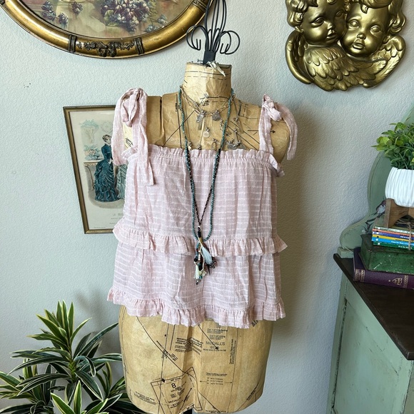 Voge Boutique Pink Tiered Ruffle Tie Straps Sleeveless Blouse Sz L - Picture 1 of 9